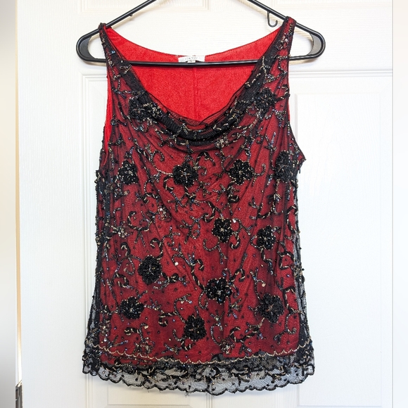 Cache Tops - Cache Y2K Lace Red Black Embellished Beaded Cowl Scallop Tank Top L Whimsigoth